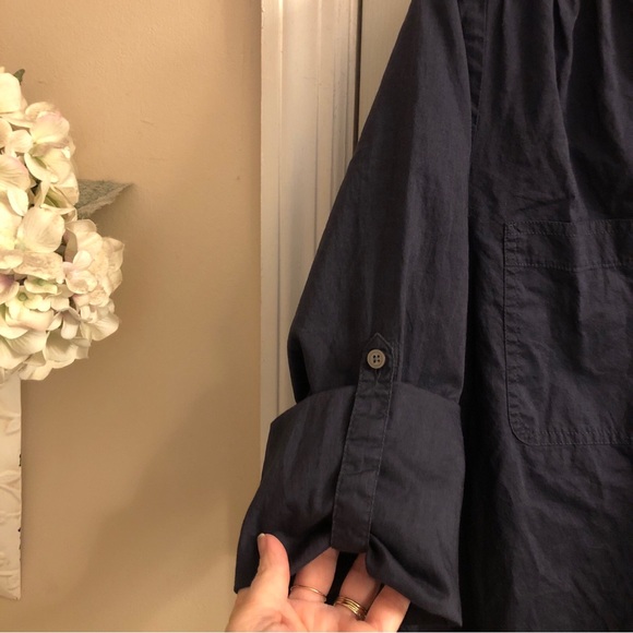 Loft navy blue roll sleeve shirt cotton split neck sZ medium - Picture 10 of 15